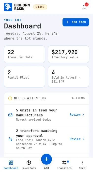 The inventory admin dashboard, on the demo lot