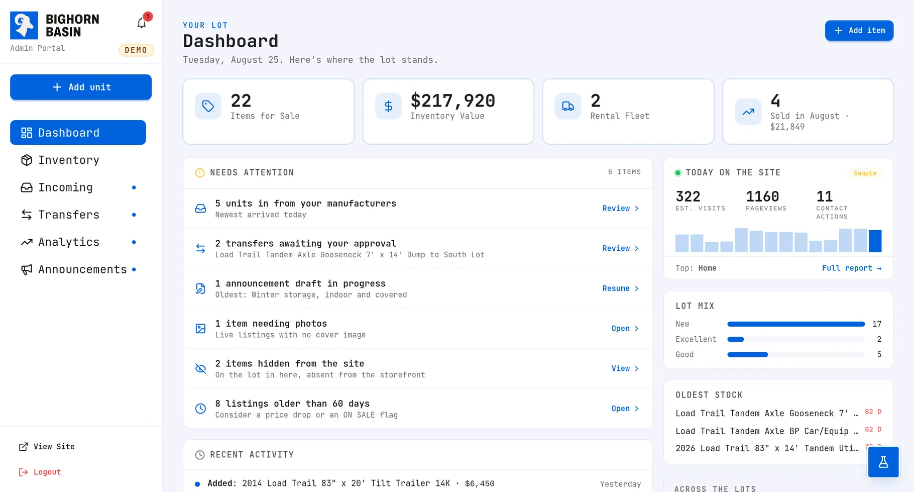 The inventory admin dashboard, on the demo lot