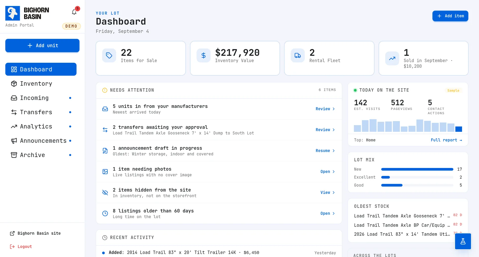 The inventory admin dashboard, on the demo lot