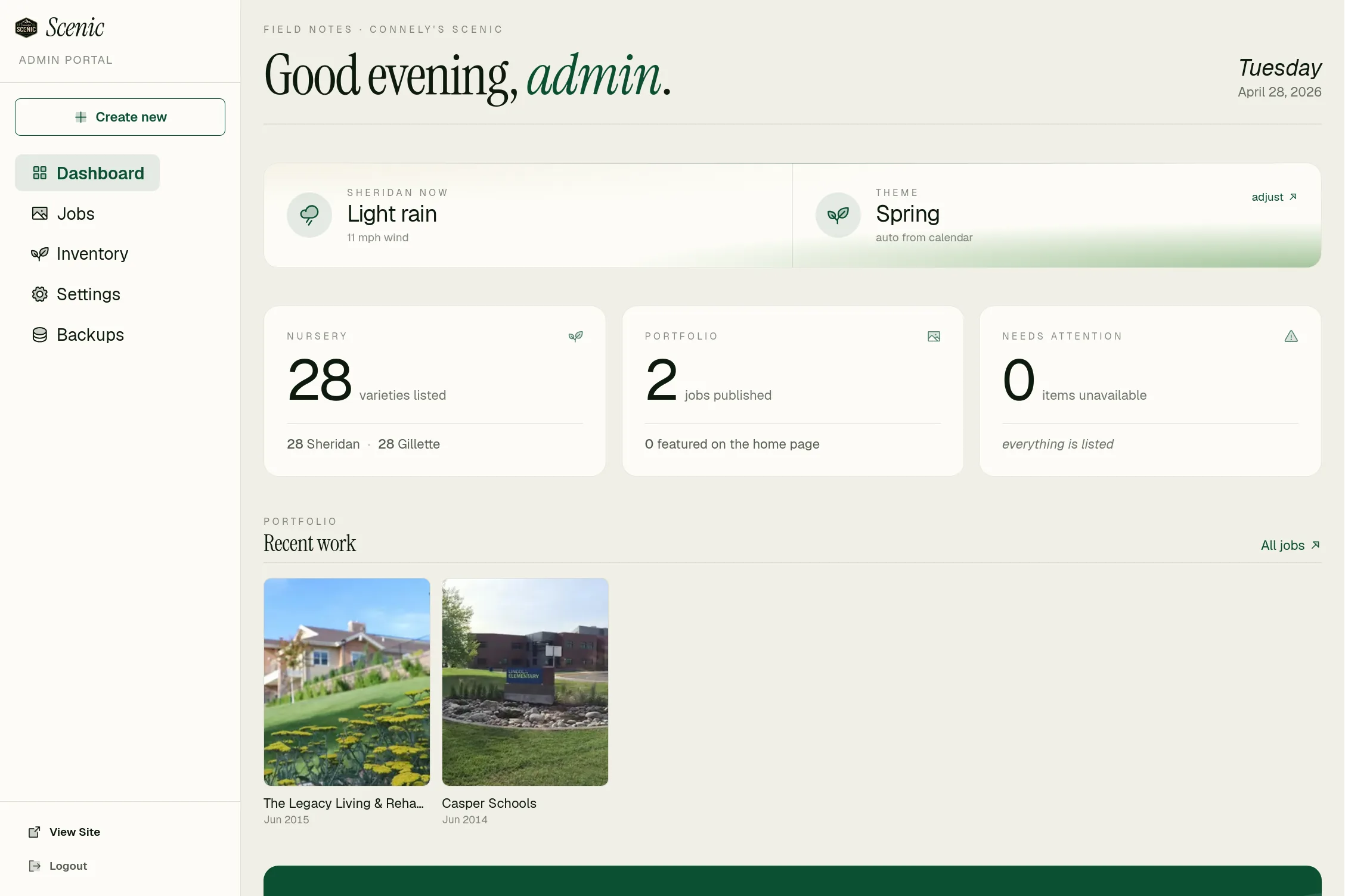 Connely's Scenic Landscaping & Nursery admin portal